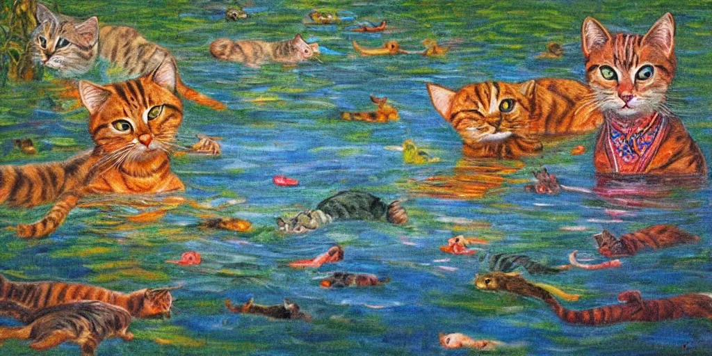 Image similar to cats swimming in a lake in colombo sri lanka city, by Nizovtsev, Victor