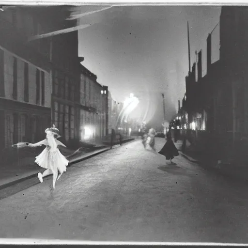 Image similar to a historical old photograph of two fairies flying through a street in brooklyn in the roaring twenties, amazing, in the evening, lights, romantic