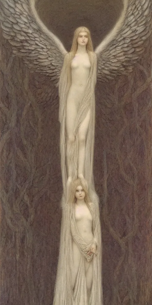 Prompt: Say who is this with silver hair so pale and Wan! and thin? beautiful lone single feminine!! angel in the style of Jean Delville, Lucien Lévy-Dhurmer, Fernand Keller, Fernand Khnopff, oil on canvas, 1896, 4K resolution, aesthetic, mystery