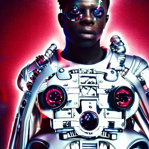 Image similar to a cinematic film still of rapper unotheactivist as a cybernetic cyborg, cgi, surrealism, film photography