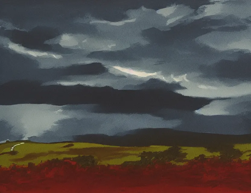 Prompt: stormy summer night in the highlands. gouache, limited palette, concept art, backlighting.