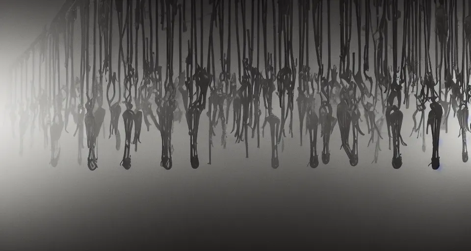 Prompt: illustration of rows of limp bodies hanging on hooks in a cold warehouse, products, rolling fog, cyberpunk, dystopian, dramatic lighting, unreal engine 5