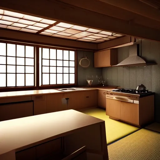 Image similar to still photo of a japanese kitchen, highly detailed, photorealistic portrait, bright studio setting, studio lighting, crisp quality and light reflections, unreal engine 5 quality render