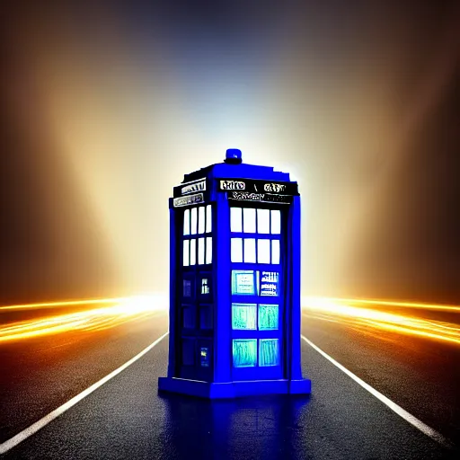 Image similar to a hyperdetailed photograph of the tardis sat on a futuristic street corner, night, dense fog, rain, hd, 8 k resolution