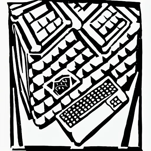 Image similar to linocut of a happy computer