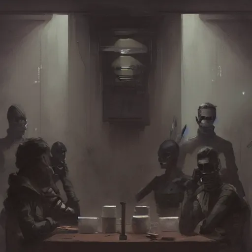 Image similar to concept art by greg rutkowski, a very tall, and slender man with short black hair, sitting with the crew in the ship's dining room, brutalist futuristic interior, dark lighting atmosphere, detailed portraits, nostalgic atmosphere, scifi, digital painting, artstation, concept art, smooth, sharp foccus ilustration, artstation hq