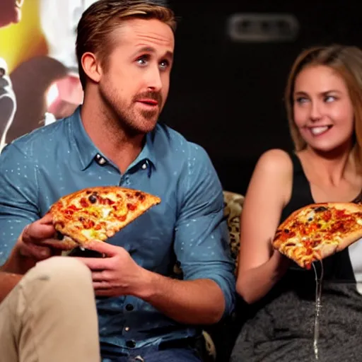 Image similar to ryan gosling burns his tongue on a pizza