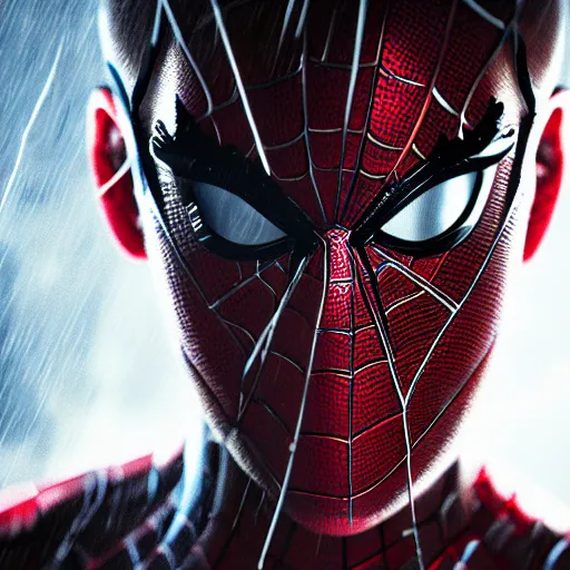 Image similar to Peter Parker as Spiderman , beaten face , heavy rain ,dramatic, intricate, highly detailed, concept art, smooth, sharp focus, illustration, Unreal Engine 5, 8K