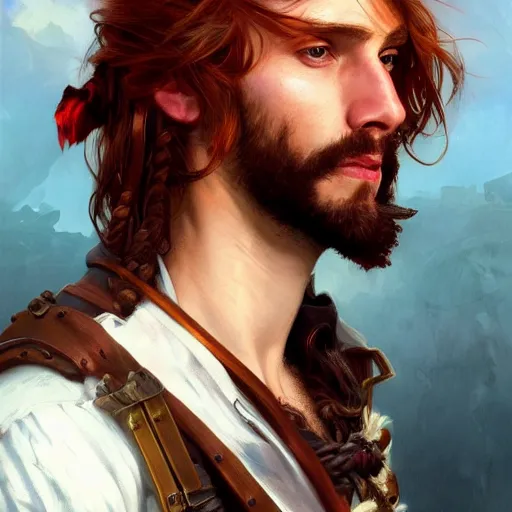 Image similar to portrait of a young pirate captain, male, rugged, masculine, handsome, upper body, red hair, long hair, cheerful, D&D, fantasy, intricate, elegant, highly detailed, digital painting, artstation, concept art, sensual, matte, sharp focus, illustration, art by Artgerm and Greg Rutkowski and Alphonse Mucha