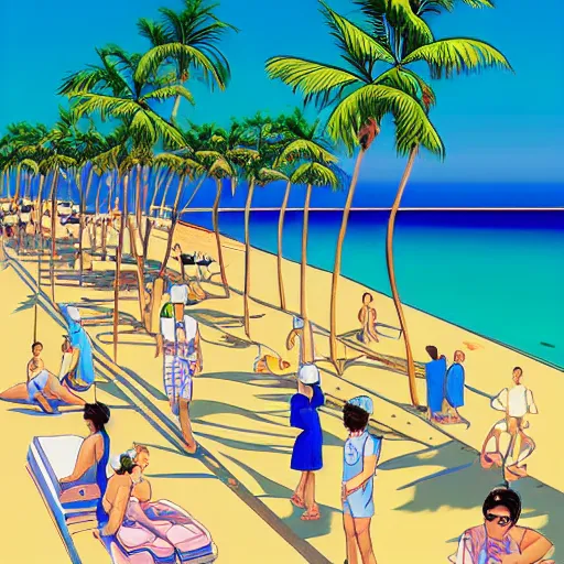 Image similar to a beautiful painting of a sunny day at a large beach filled with hundreds of palm trees by hiroshi nagai and hirohiko araki, detailed line art, vaporwave color scheme