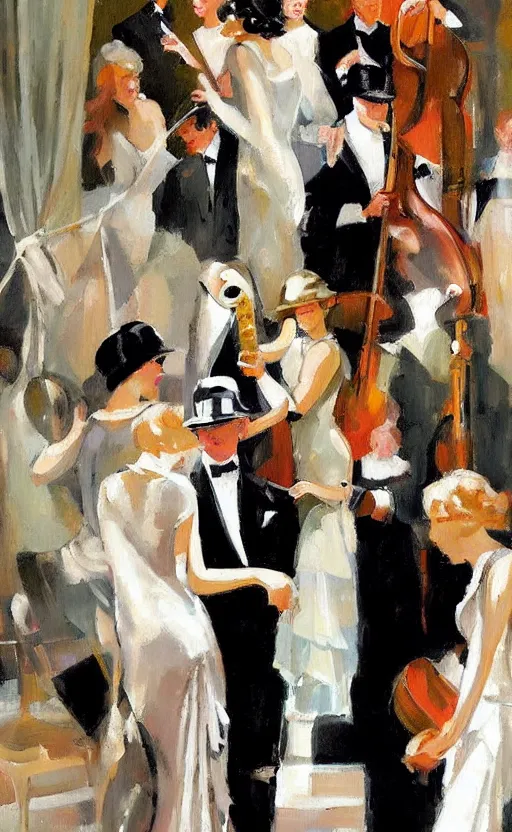 Image similar to A painting of Jazz Age high society, Fitzgerald, people dressed 1920's style, The Great Gatsby, smooth, by Sherree Valentine Daines