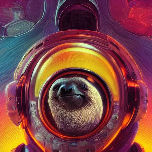 Image similar to portrait of a sloth, celestial. intricate abstract. cyberpunk, vhs glitch. glorious cosmic helmet. intricate artwork. immaculate. holy. empty oxygen tank. by wlop, Dan Witz, Boris Vallejo. octane render, CGSociety, Moebius very coherent symmetrical artwork. cinematic, hyper realism, high detail, octane render, 8k, iridescent accents, deep color