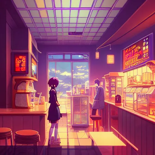 Prompt: a beautiful intricate ultradetailed illustration of an anime coffee shop a beautiful woman a cup of coffee, by beeple, makoto shinkai, thomas kinkade, featured on artstation hd, anime art wallpaper 8 k