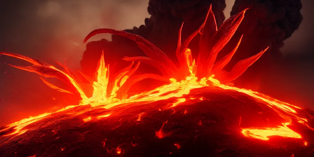 Prompt: a single fiery phoenix hatching from an erupting volcano, octane render, epic lighting, hyperrealistic, cinematic, digital painting