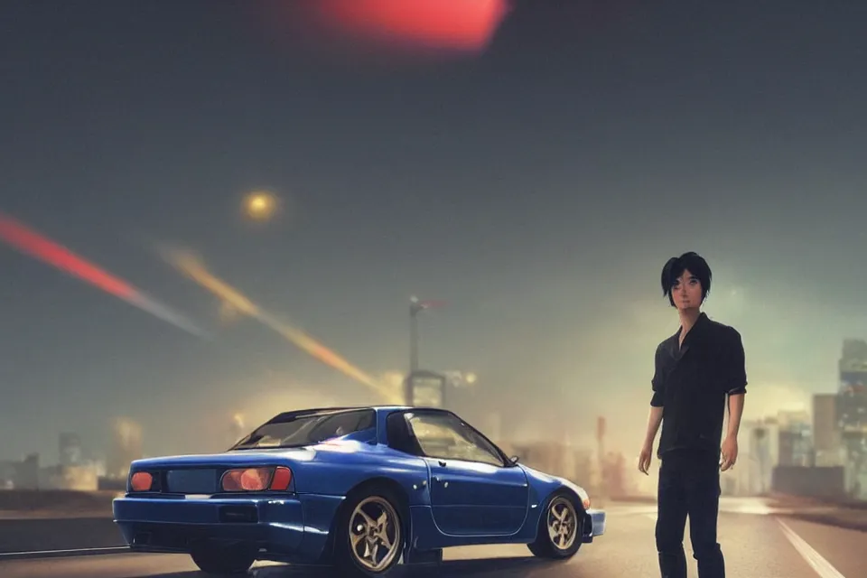 Prompt: aesthetic illustration of ryosuke takahashi with black hair wearing a dark blue shirt standing near his white mazda rx 7 on an empty highway at dusk, cinematic lighting, initial d anime 1 0 8 0 p, detailed anime face, high detail, 9 0 s anime aesthetic, volumetric lights, unreal engine 5 render, pinterest wallpaper, trending on artstation