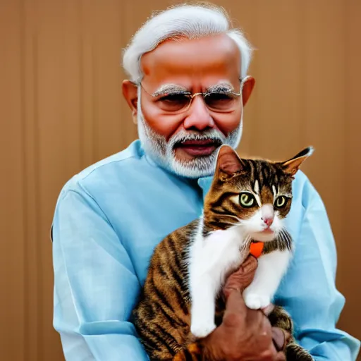 Prompt: narendra modi holding a cat in his arms, sony a 7 r