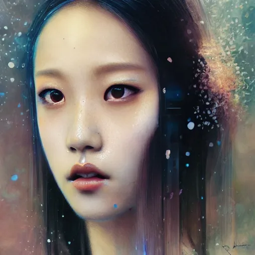 Image similar to jisoo of blackpink, snake, hyperrealistic portrait, bladerunner street, by karol bak and agnes cecile, album cover, fantasy art, photo realistic, dynamic lighting, artstation, poster, volumetric lighting, very detailed face, 8 k, award winning