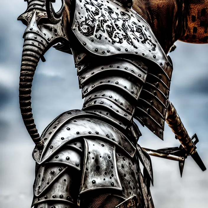 Image similar to photo of a warrior with metal jiraffe themed armour, highly detailed, 4 k, hdr, smooth, sharp focus, high resolution, award - winning photo