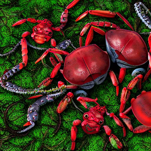 Image similar to large group of crabs and worms, crawling along a bed of moss, low poly, creeper world, handcrafted, artstation, hyperrealistic, hard light, best practices, creeptastic, photorealism, macro perspective, cuddly, Voidless of the Festival!, The Graveyard!!, Blood moon tentacles, outsider art!!!, The ego separates by Wojciech Siudmak!!!!