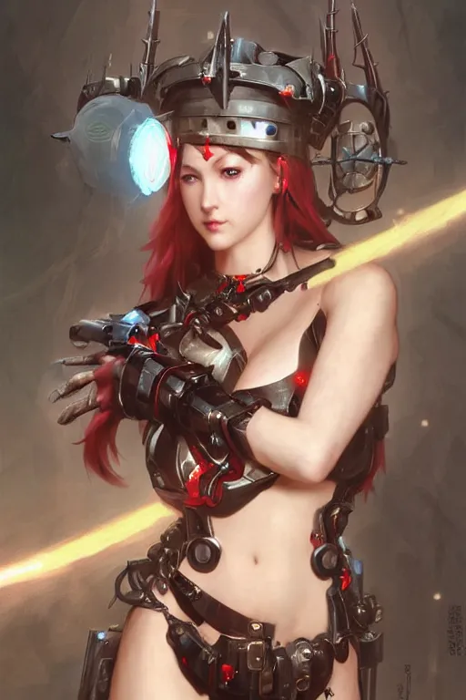 Image similar to Portrait of beautiful pale smiling anime cyborg maiden in bikini armor with crown of thorns and glowing red eyes, steampunc, Warhammer 40000, digital art from artstation by Ruan Jia and Mandy Jurgens and Artgerm and william-adolphe bouguereau
