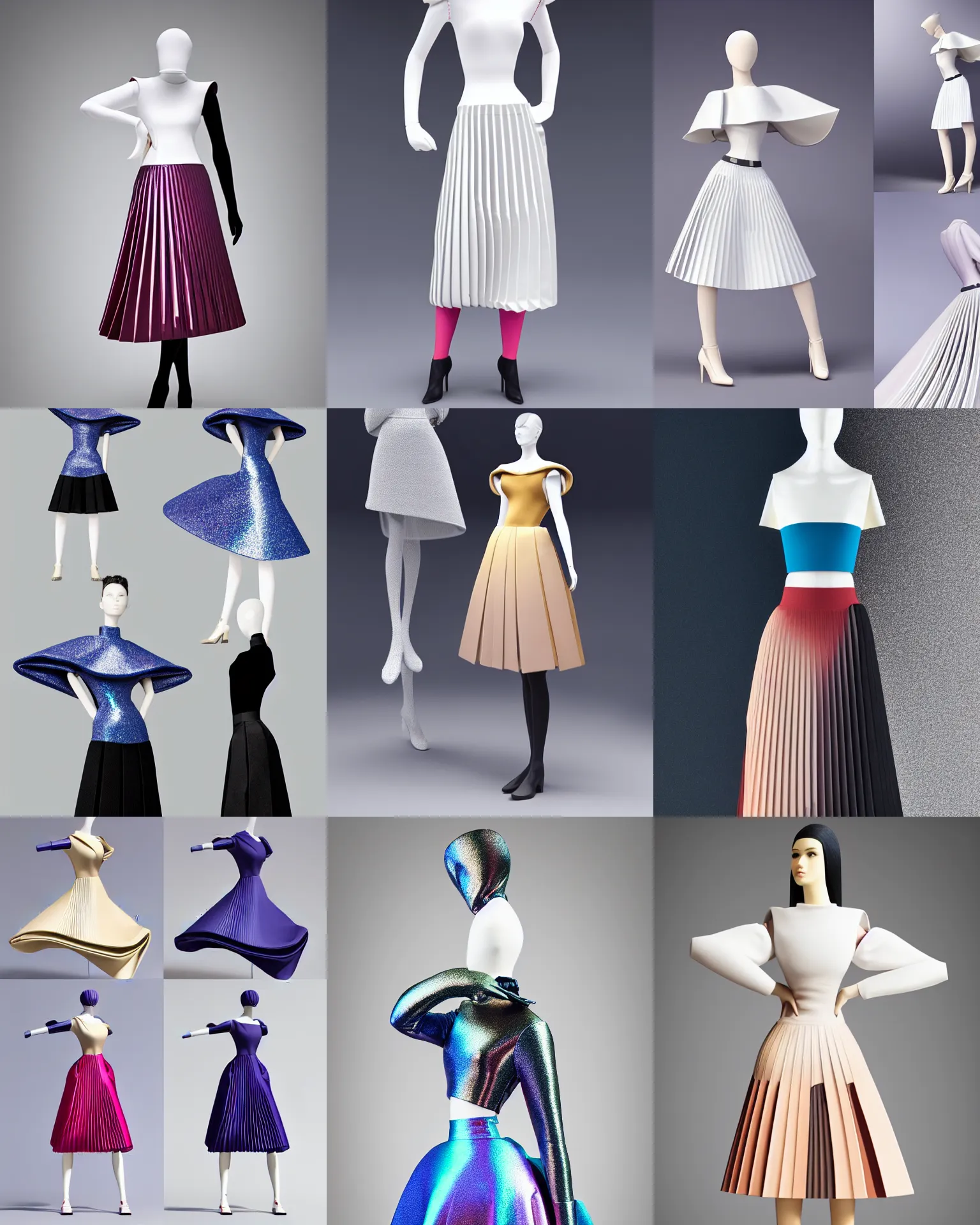 Prompt: designer figure collection ball shaped accordion sleeve haute couture, sailor uniform, midi skirt, coated pleats, synthetic curves striking pose, dynamic folds, cute huge pockets hardware, volume flutter, young, modeled by modern designer bust, fit body, award fashion, stardust gradient scheme, light holographic tones, expert composition, high detail, professional retouch, editorial photography