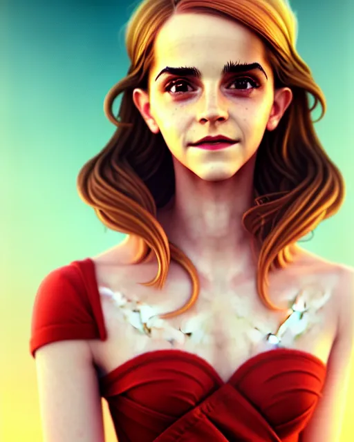 Prompt: a portrait of a beautiful full body Emma Watson smiling, pretty gold and red dress, art by lois van baarle and loish and ross tran and rossdraws and sam yang and samdoesarts and artgerm, digital art, highly detailed, intricate, sharp focus, Trending on Artstation HQ, deviantart, unreal engine 5, 4K UHD image