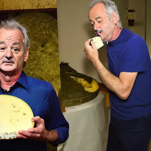 Prompt: bill murray eating a large wheel of cheese,