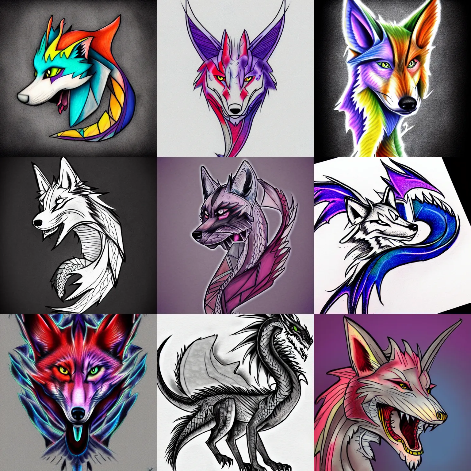 Prompt: colored dragon - husky - fox - hybrid tattoo concept art, line art, 4 k hd, realistic, simplistic,