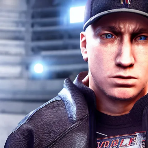 Image similar to a videogame still of Eminem in Tekken 7, 40mm lens, shallow depth of field, split lighting