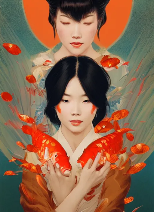 Prompt: portrait of mulan, koi fish, orange spike aura in motion, floating pieces, painted art by tsuyoshi nagano, greg rutkowski, artgerm, alphonse mucha, spike painting