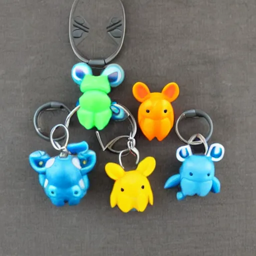 Image similar to some cute plastic toys that look like animal characters hanging from a backpack on a keychain, pastel colors