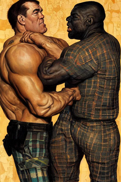Image similar to upper body and head portrait of huge hulking absurdly muscular jocko willink as marvel character wearing plaid shirt and pants against simple background by alex ross and lawrence alma tadema and norman rockwell and greg staples, high detail