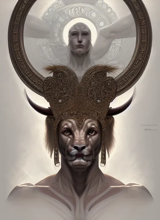 Image similar to symmetry!! portrait of minotaur, ancient greece, intricate, elegant, highly detailed, digital painting, artstation, concept art, smooth, sharp focus, illustration, art by artgerm and greg rutkowski and alphonse mucha, 8 k