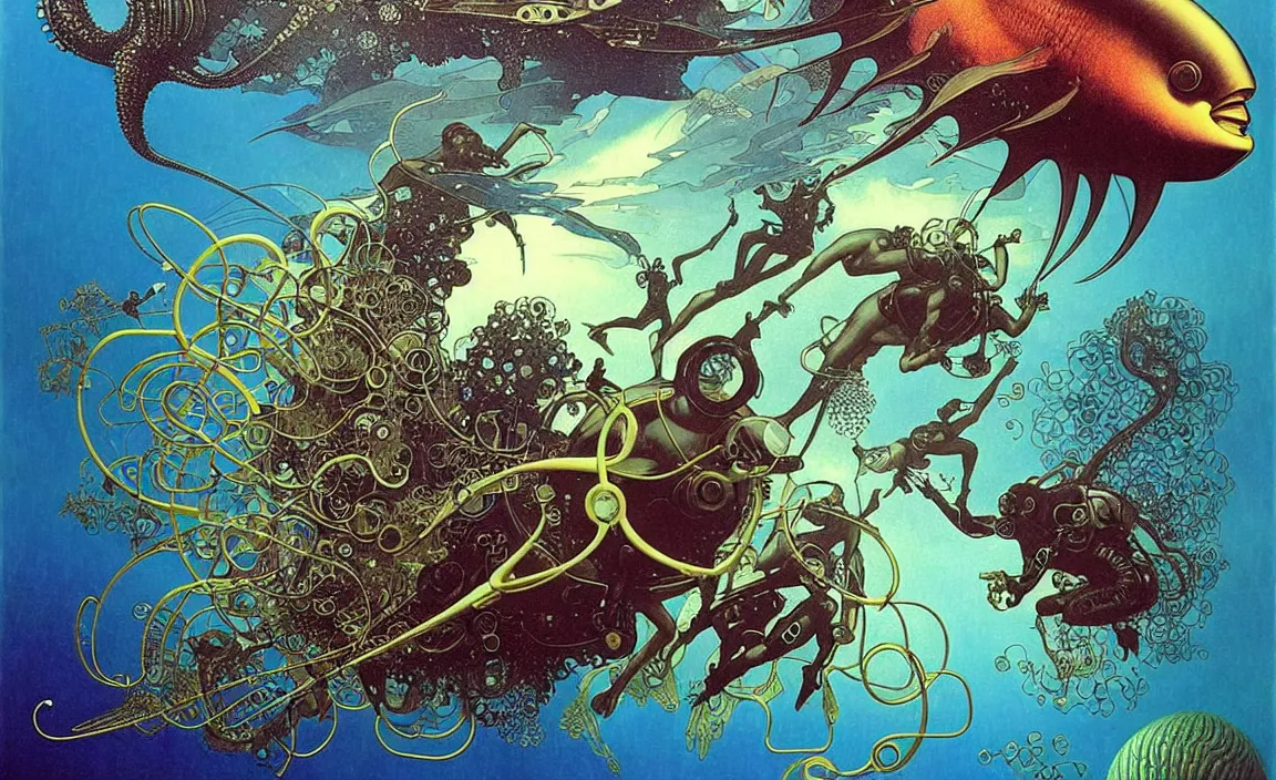 Image similar to afro - futurist scuba divers swimming away from a gigantic alien fish, hyperrealistic digital painting by denis villeneuve, amano, yves tanguy, alphonse mucha, ernst haeckel, max ernst, roger dean