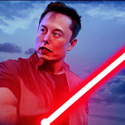 Image similar to film still of elon musk holding a red lightsaber