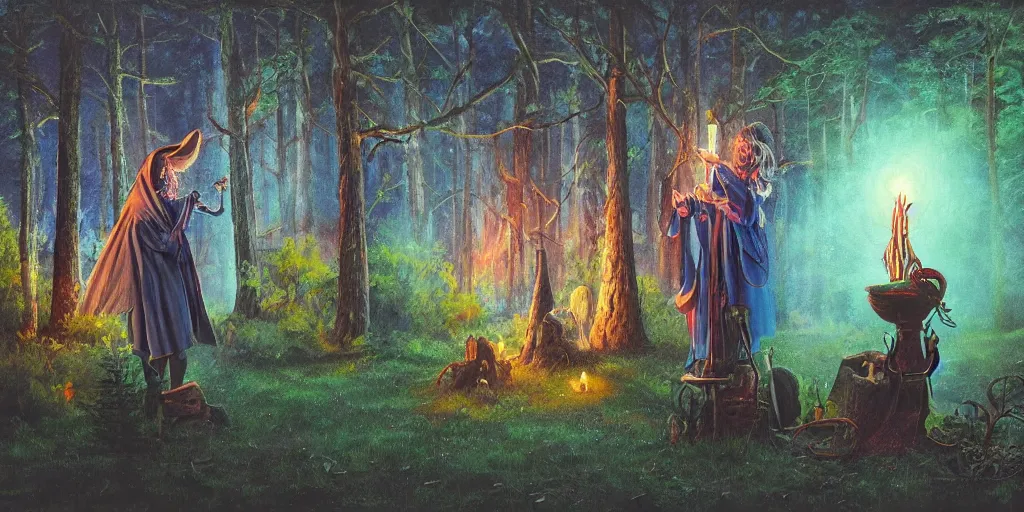 Prompt: wizard painting casting a spell in the forest at night