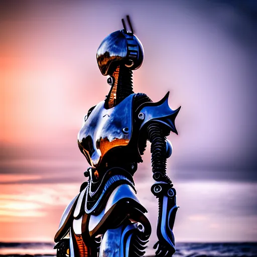 Image similar to cinematic body shot, realistic detailed stunning beautiful armored humanoid anthropomorphic female robot dragon, looking to the side with an elegant pose of hand on hip, smooth and streamlined armor and design made of steel, sharp claws and sharp teeth, high quality head, Slick LEDs, on the beach during sunset, high quality, cinematic art, sci fi, sunset lighting, 3D render, 8k, artstation, deviantart, furaffinity