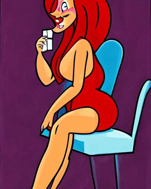 Image similar to Jessica Rabbit eating a bag of Doritos, sitting on a chair, stylized oil painting, traditional animation portrait