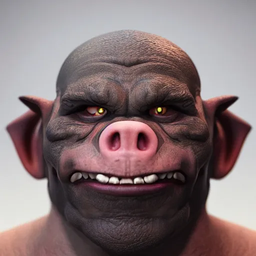 Prompt: An orc-pig smiling into the camera, portrait, artstation, realistic, highly detailed, bokeh, by Alex Flores