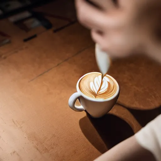 Prompt: a closeup photorealistic photograph of barista drawing calico cat shaped latte art in a cup. professional capture, well lit shot. this 4 k hd image is trending on artstation, featured on behance, well - rendered, extra crisp, features intricate detail, epic composition and the style of unreal engine.