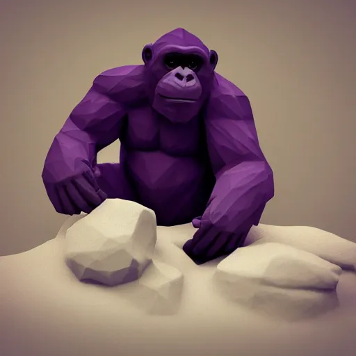 Prompt: a purple gorila in snow, low poly scene render