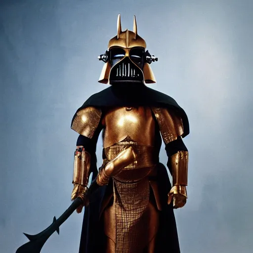 Prompt: an 8 k macro 8 0 mm telephoto hi res photo of a zardoz boba fet darth maul rat prince wearing shinning king arthur golden armor helmet best plate arm guards and holding a shield and spear. volumetric lighting god rays sacred magic floating rat knight warrior. standing in an ancient city. nature photography. national geographic