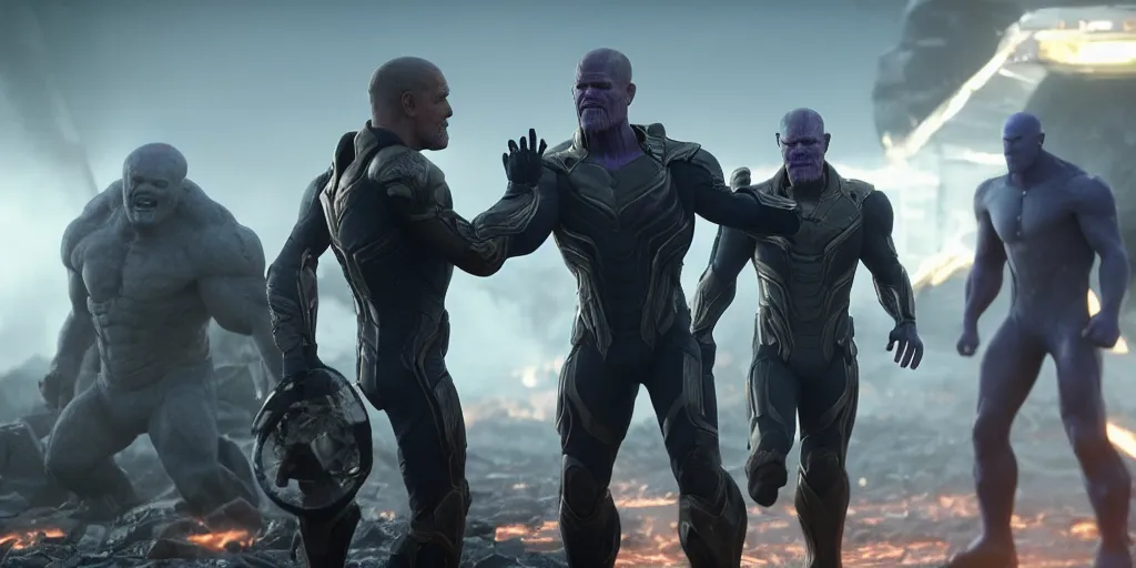 Image similar to an octane render from tom cruise shaking hands with thanos at the battle field of avengers endgame, cinematic, high resolution film render 100k, photo realistic