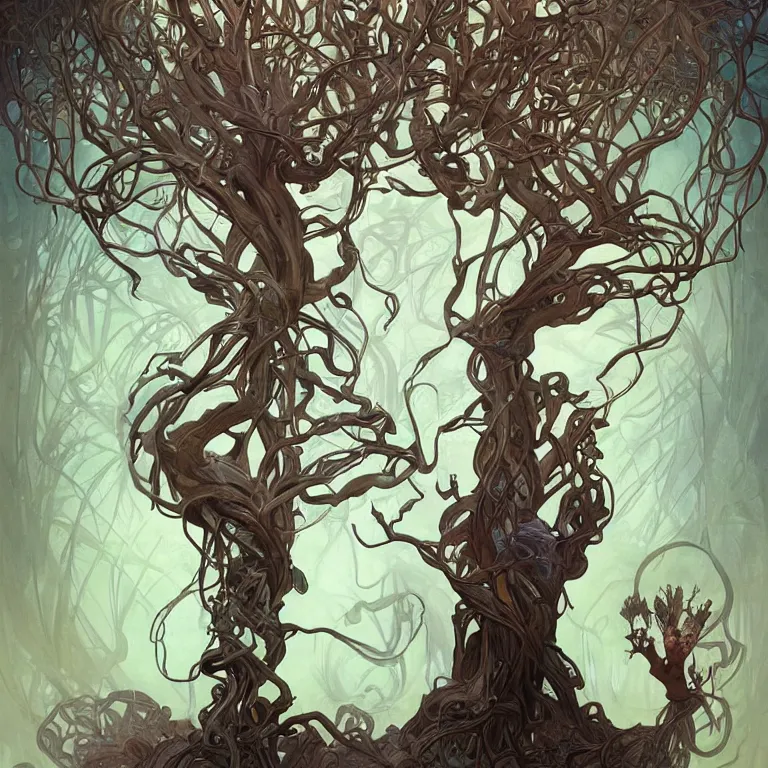 Prompt: a twisted tree of life growing from a mug of hot chocolate, concept art, by Peter Mohrbacher and Alphonse Mucha, detailed, style, 8k, trending on artstation, unreal engine 4k, detailed, clean background trending, full shot, symmetrical portrait, sophisticated, Unreal engine, dystopia, anti-utopia, post processing, psychadelic