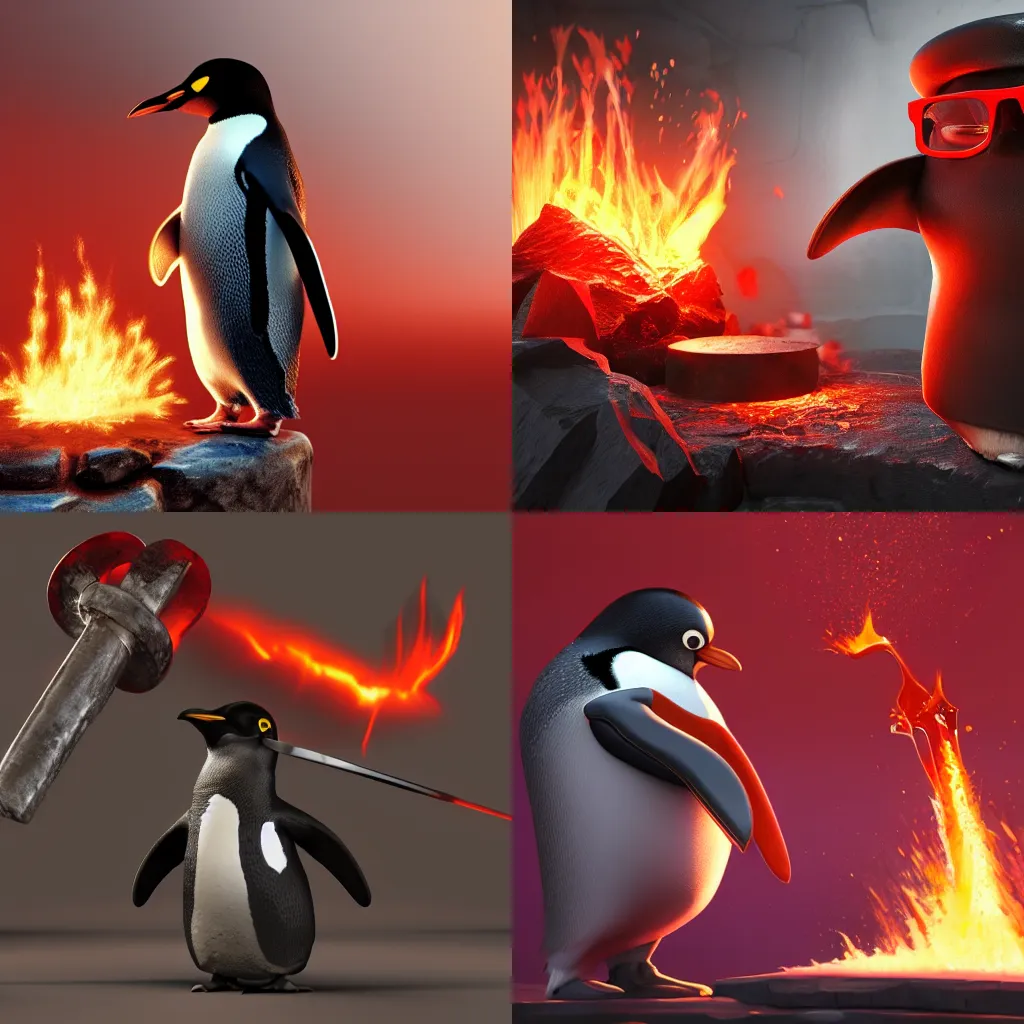 Prompt: penguin working as a blacksmith with red glasses on top of his head with the background of lava flowing hammering the excalibur on his anvil, hyperrealisim, Cinema 4D, sophisticated and complex digital painting, 8k resolution, high realistic, trending on artstation