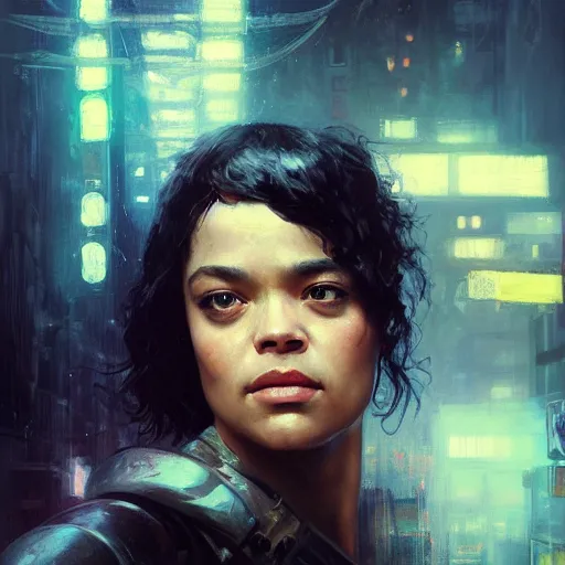 Prompt: tessa thompson, hyperrealistic portrait, bladerunner street, art of elysium by jeremy mann and alphonse mucha, fantasy art, photo realistic, dynamic lighting, artstation, poster, volumetric lighting, very detailed face, 4 k, award winning