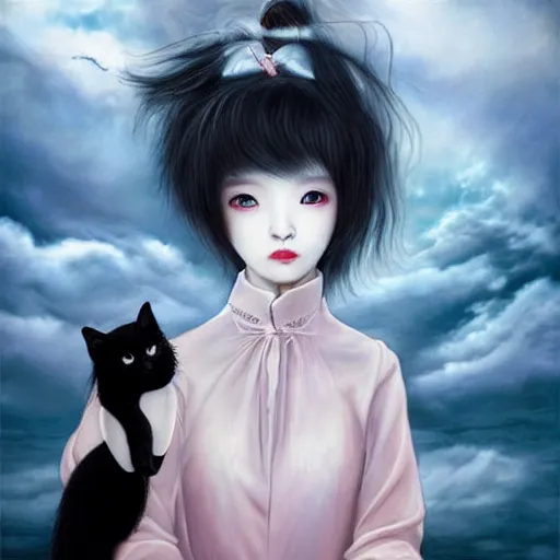 Image similar to style of Guo Hua ,young vampire and her black cat Portrait by Miho Hirano, full body , realistic, detailed, white, light pink tonalities, beautiful collage technique including clouds, sea, wind, ornate sea background, beautiful Fantasy detailed trending on artstation, oil painting,Dramatic lighting, eterea , high quality print, fine art with subtle redshift rendering