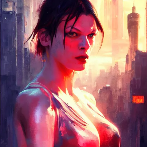 Image similar to milla jovovich portrait in the foreground of art by greg rutkowski scifi sharp neon city