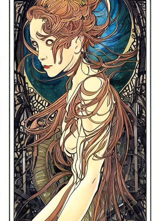 Image similar to an art nouveau copic maker illustration of makima by tatsuki fujimoto