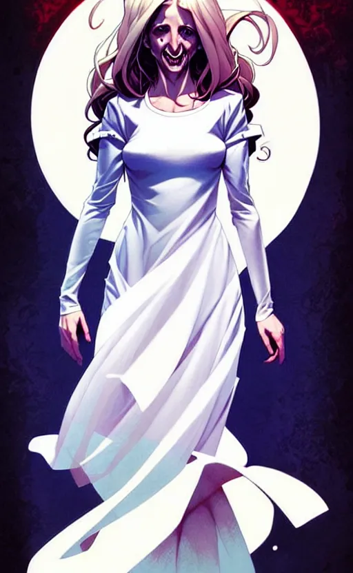 Image similar to artgerm, joshua middleton comic cover art, pretty ghost sarah michelle gellar entire full body, floating, creepy smile, white dress, friendly, symmetrical eyes, symmetrical face, long white hair, inside haunted house